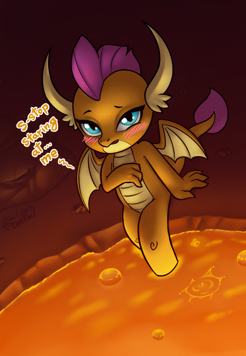 anthro blush dialogue dragon female friendship_is_magic gradient_background hasbro hi_res horn lava looking_at_viewer looking_up my_little_pony simple_background sitting smolder_(mlp) solo soulcentinel wings young