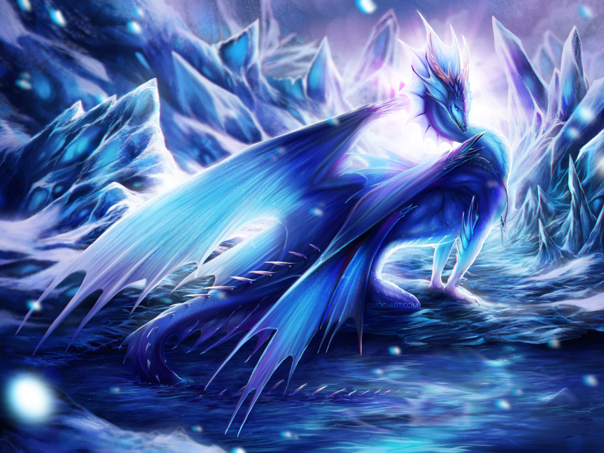 2020 ambiguous_gender blue_body blue_scales claws digital_media_(artwork) dragon feral hi_res horn isvoc membrane_(anatomy) membranous_wings scales scalie sitting solo spines western_dragon wings