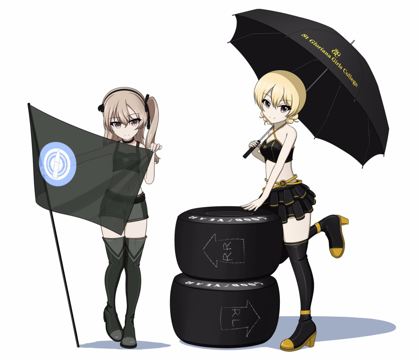 2girls alternate_costume bangs black_footwear black_ribbon black_shirt black_umbrella blonde_hair blue_eyes boots braid breasts cleavage closed_mouth commentary criss-cross_halter crop_top darjeeling_(girls_und_panzer) emblem english_text eyebrows_visible_through_hair flag frilled_skirt frills girls_und_panzer goodyear hair_ribbon halterneck high_heel_boots high_heels highres holding holding_umbrella kano_(nakanotakahiro1029) knee_boots layered_skirt leg_up legs light_brown_eyes light_brown_hair logo long_hair looking_at_viewer midriff miniskirt multiple_girls one_side_up orange_belt race_queen ribbon see-through selection_university_(emblem) shadow shimada_arisu shirt short_hair short_shorts shorts simple_background skirt smile standing standing_on_one_leg thigh_boots thighhighs tied_hair tire twin_braids umbrella white_background