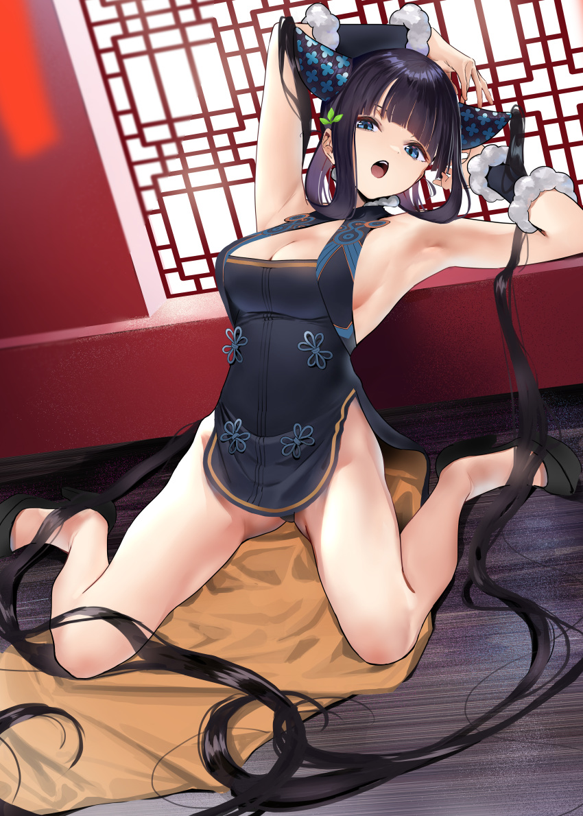 1girl absurdres armpits arms_up bangs bare_shoulders black_dress black_footwear blue_eyes blunt_bangs blush breasts china_dress chinese_clothes cleavage detached_sleeves dress fate/grand_order fate_(series) hair_ornament high_heels highres huge_filesize jikatarou large_breasts leaf_hair_ornament leaning_back legs long_hair looking_at_viewer open_mouth purple_hair short_dress side_slit sidelocks sitting twintails very_long_hair wariza yang_guifei_(fate/grand_order)