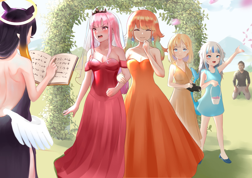 1boy 5girls absurdres adapted_costume alternate_costume arch axeloust back bangs basket blonde_hair blue_dress blunt_bangs blush book breasts bridesmaid camera cleavage cocktail_dress color_coordination colored_tips day dress drop_earrings earrings embarrassed feather_earrings feathers fish_tail gawr_gura giggling grass halo hand_on_own_chin high_heels highres holding holding_basket holding_book holding_camera hololive hololive_english ivy jewelry kenshinchii kneeling large_breasts leaf locked_arms long_hair low_wings mori_calliope mountainous_horizon multiple_girls ninomae_ina'nis open_book orange_dress outdoors pink_eyes pointy_ears purple_dress purple_hair red_dress seiza shark_tail side_slit sidelocks sitting sky strapless strapless_dress swept_bangs tail takanashi_kiara tentacle_hair throwing_petals tiara two_side_up veil very_long_hair watson_amelia wedding wedding_dress white_hair white_wings wife_and_wife wings yagoo yuri