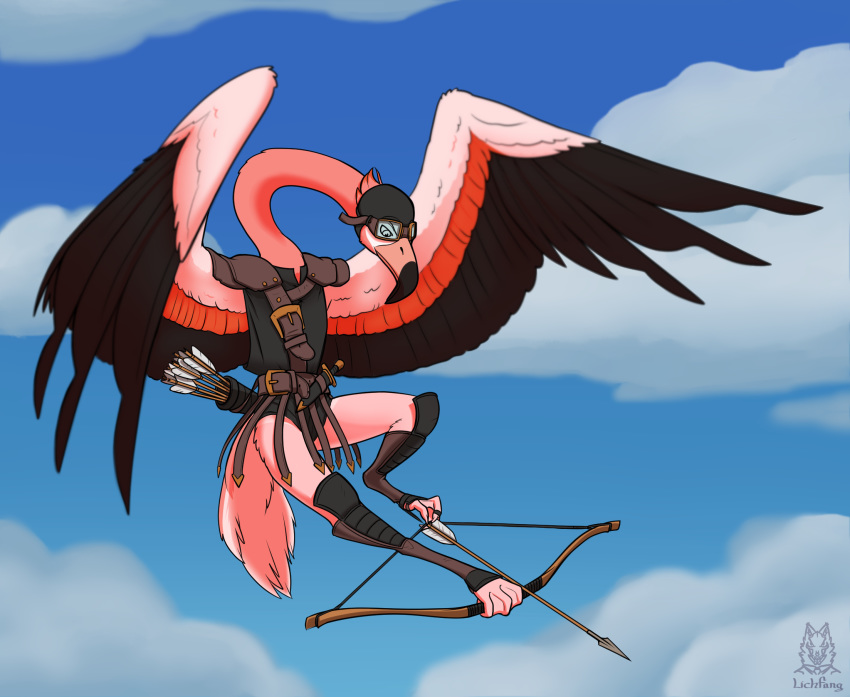 2020 ambiguous_gender avian bird day detailed_background digital_media_(artwork) eyewear feathered_wings feathers feral flamingo goggles hi_res lichfang outside sky solo wings