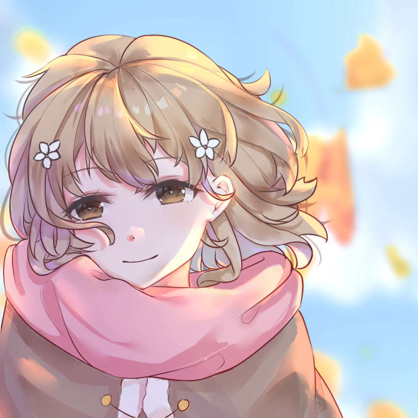 1girl brown_eyes brown_hair coat day dolores_nz_(nanzhi) flower hair_flower hair_ornament hanasaku_iroha highres looking_at_viewer matsumae_ohana outdoors pink_scarf portrait scarf short_hair smile solo wind