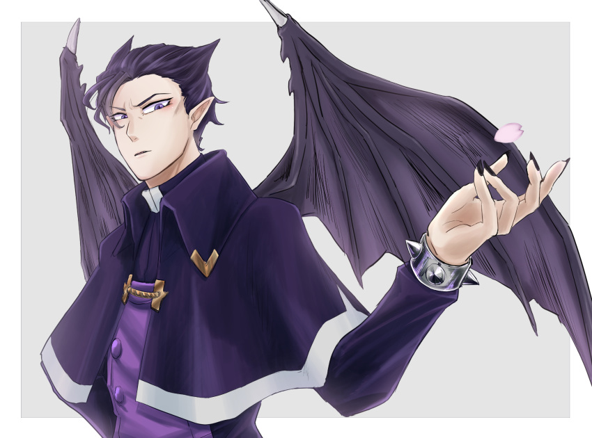 1boy black_nails bracelet capelet demon_wings grey_background highres jewelry kalego_naberius long_sleeves looking_at_viewer mairimashita!_iruma-kun male_focus natume60309 petals pointy_ears purple_eyes simple_background solo spiked_bracelet spiked_hair spikes upper_body wings