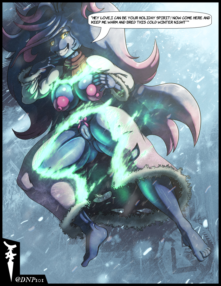 anthro breasts butt clothing derpyjolteon dialogue dnp101 female fire genitals ghost hi_res holidays misdreavus nintendo nipples pok&eacute;mon pok&eacute;mon_(species) purple_body purple_skin pussy smile snow spirit torn_clothing video_games