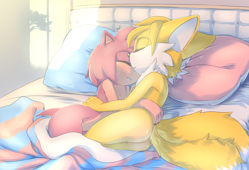 2020 2_tails amy_rose anthro bed bedding bedroom black_nose blanket breasts butt canid canine cuddling dipstick_tail duo eulipotyphlan eyes_closed female fox fur furniture hair hedgehog hi_res krazyelf male male/female mammal miles_prower multi_tail multicolored_tail nude pillow pink_hair short_hair sleeping sonic_the_hedgehog_(series) video_games