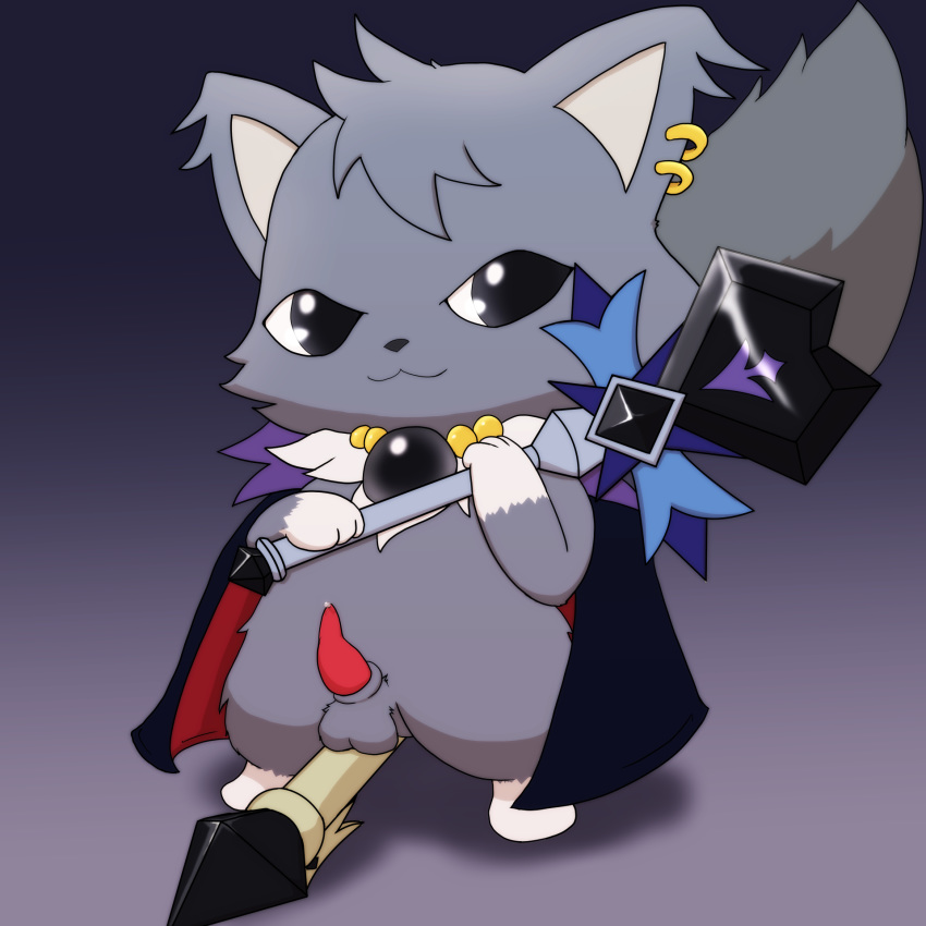 anthro broom chibi dian_(jewelpet) domestic_cat evil_face felid feline felis fur genitals grey_body grey_eyes grey_fur hi_res improbable_(artist) jewelpet looking_at_viewer magic_user maine_coon male mammal penis sanrio solo