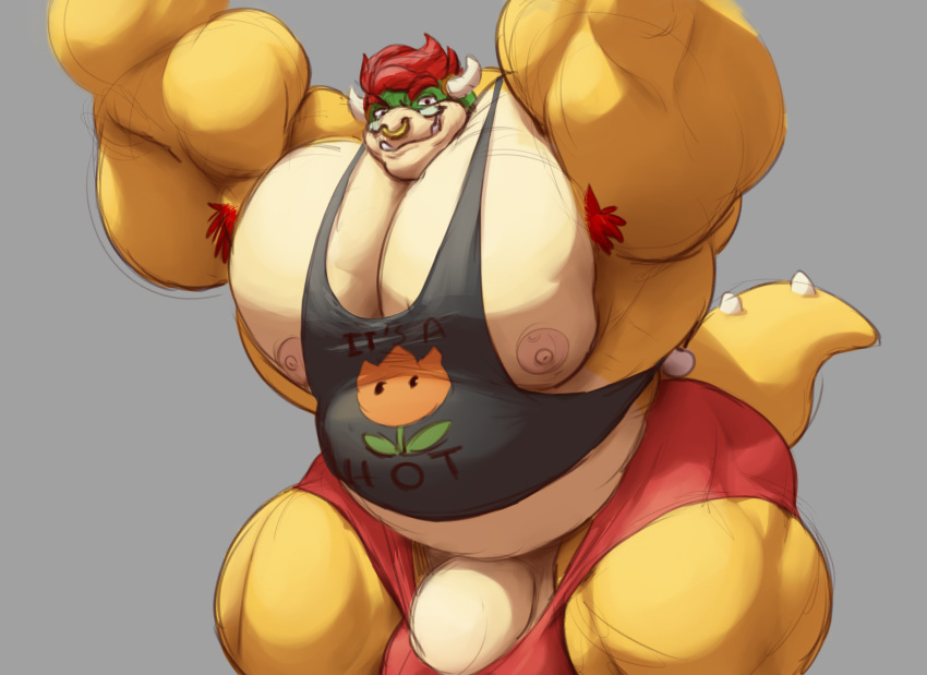 animal_humanoid armpit_hair belly big_belly big_bulge big_muscles body_hair bowser bulge clothing croconut hair hi_res huge_bulge huge_muscles humanoid hyper hyper_bulge hyper_muscles itzcharlie kosmonius male mario_bros musclegut muscular nintendo red_hair scalie scalie_humanoid shirt solo tank_top topwear video_games