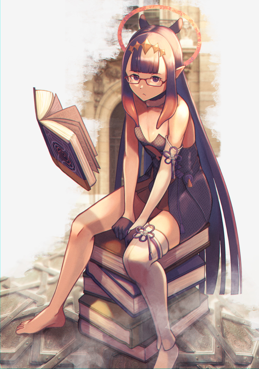 1girl bangs barefoot bespectacled black_gloves blunt_bangs book breasts cleavage closed_mouth commentary_request floating floating_book floating_object glasses gloves halo highres hololive hololive_english long_hair looking_at_viewer mutsuki_albino ninomae_ina'nis pointy_ears purple_eyes red-framed_eyewear single_thighhigh small_breasts solo thighhighs virtual_youtuber white_legwear