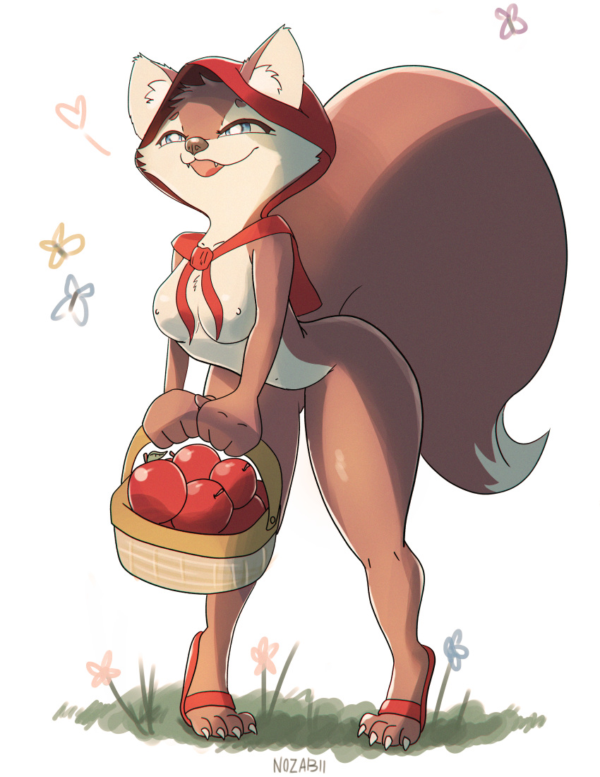 &lt;3 absurd_res anthro apple big_tail blue_eyes breasts brown_body brown_fur canid canine clothing female food fox fruit fur hi_res mammal nipples nozabii open_mouth plant small_breasts smile solo thick_thighs