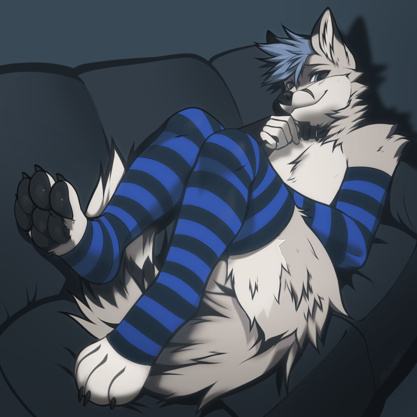 1:1 4_toes angiewolf anthro canid canine claws clothed clothed/nude clothing feet fluffy fluffy_tail footwear fox fur furniture grey_body grey_fur hair hi_res looking_at_viewer lying_on_bed male mammal nude pawpads paws smile smirk socks sofa solo toe_claws toes