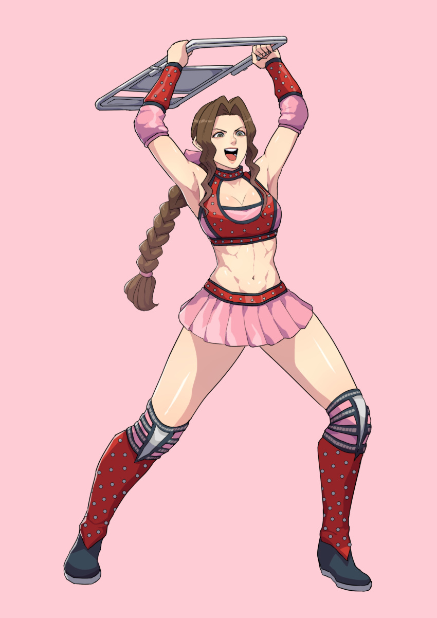 1girl abs absurdres aerith_gainsborough alternate_costume armpits arms_up boots bow braid breasts brown_hair chair choker cirenk cleavage commentary commission elbow_pads english_commentary final_fantasy final_fantasy_vii final_fantasy_vii_remake folding_chair forehead full_body green_eyes hair_bow highres improvised_weapon incoming_attack knee_boots knee_pads long_braid long_hair medium_breasts meme miniskirt navel pink_background pink_bow pink_skirt red_choker single_braid skirt solo studded toned upper_teeth vambraces wrestling_outfit