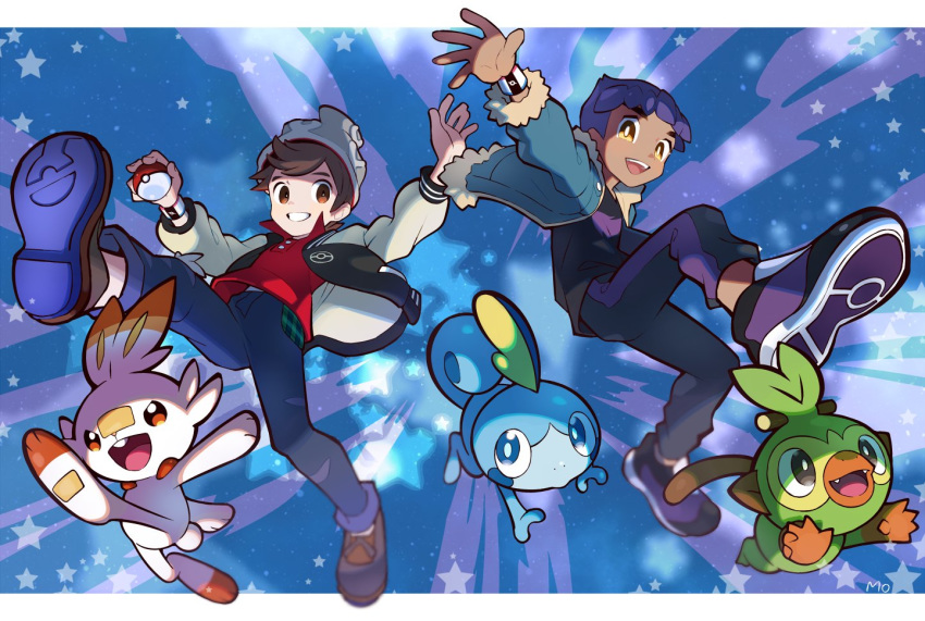 2boys bangs beanie brown_eyes brown_footwear brown_hair cable_knit clenched_teeth commentary_request dark_skin dark_skinned_male fur-trimmed_jacket fur_trim gen_8_pokemon grey_headwear grookey hat holding holding_poke_ball hop_(pokemon) jacket looking_at_viewer male_focus moti_(m0cch1m0) multiple_boys open_mouth plaid poke_ball poke_ball_(basic) pokemon pokemon_(creature) pokemon_(game) pokemon_swsh purple_hair red_shirt scorbunny shirt shoes short_hair smile sobble spread_fingers star_(symbol) starter_pokemon_trio swept_bangs teeth tongue victor_(pokemon) yellow_eyes