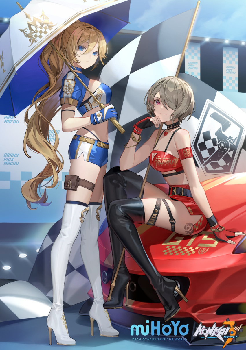 2girls artist_request belt bianka_durandal_ataegina black_legwear blonde_hair blue_eyes blue_shirt blue_shorts breasts character_name choker cleavage cleavage_cutout clothing_cutout collarbone crop_top fingerless_gloves flag gloves hair_between_eyes hair_over_one_eye high_heels highres honkai_(series) honkai_impact_3rd large_breasts leg_belt legband logo long_hair midriff miniskirt mole mole_under_eye multiple_girls navel official_art panties ponytail race_queen race_vehicle red_eyes red_skirt rita_rossweisse shirt short_hair short_sleeves shorts skirt sleeveless smile string_panties thighhighs umbrella underwear very_long_hair white_legwear