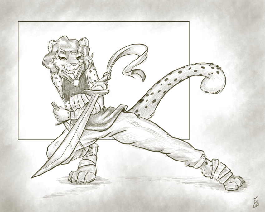 2020 5:4 action_pose anthro bedroom_eyes cheetah clothed clothing dagger felid feline female flinters fur hair mammal melee_weapon narrowed_eyes pose seductive solo sword weapon whiskers