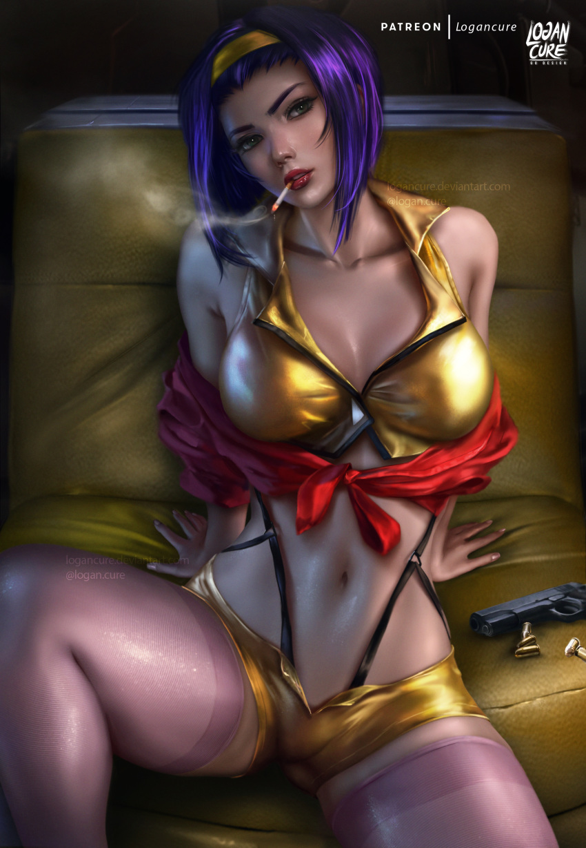 1girl absurdres arm_support arms_behind_back artist_name breasts bullet cigarette cleavage clothes_around_waist cowboy_bebop faye_valentine fingernails green_eyes gun hairband handgun highres lipstick logan_cure looking_at_viewer makeup medium_breasts medium_hair midriff mixed-language_commentary mouth_hold navel patreon_username photoshop_(medium) pink_legwear pistol purple_hair red_lips red_sweater shorts sitting smoking solo spread_legs sweater sweater_around_waist thick_thighs thighhighs thighs watermark weapon web_address yellow_crop_top yellow_hairband yellow_shorts