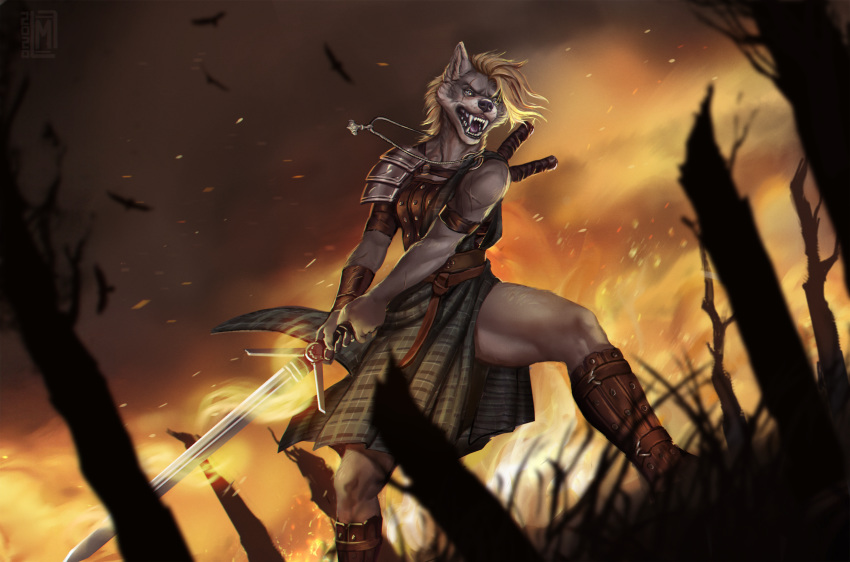 2020 anthro blonde_hair breasts canid canine canis clothed clothing detailed_background digital_media_(artwork) eyebrows eyelashes female fire hair hi_res holding_object holding_sword holding_weapon mammal melee_weapon moon-s night open_mouth outside solo sword teeth tongue weapon wolf
