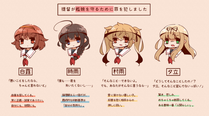 4girls ahoge black_hair black_ribbon blonde_hair bloom2425 blue_eyes braid brown_eyes brown_hair commentary_request green_eyes hair_over_shoulder hair_ribbon hairband head_only kantai_collection light_brown_hair long_hair multiple_girls murasame_(kantai_collection) neckerchief red_hairband red_neckwear ribbon sailor_collar school_uniform serafuku shigure_(kantai_collection) shiratsuyu_(kantai_collection) short_hair straight_hair tears translation_request twintails white_sailor_collar yuudachi_(kantai_collection)