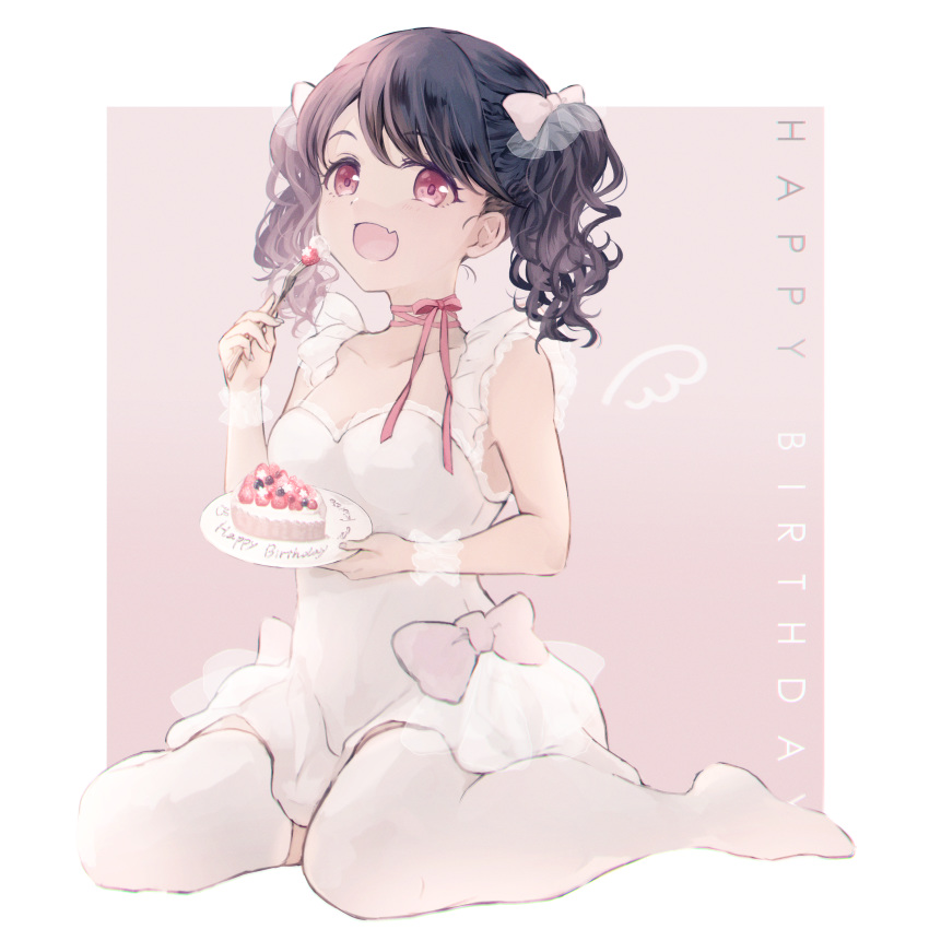 1girl absurdres bangs bare_shoulders black_hair blush cake cake_slice collarbone dress eating fang food fork fukumaru_koito full_body gradient gradient_background happy_birthday highres holding holding_fork holding_plate idolmaster idolmaster_shiny_colors kumano09_(yaecha0) looking_at_viewer neck_ribbon no_shoes on_floor open_mouth pink_ribbon plate purple_eyes ribbon sitting skin_fang smile solo thighhighs thighs twintails wariza white_dress white_legwear wrist_cuffs