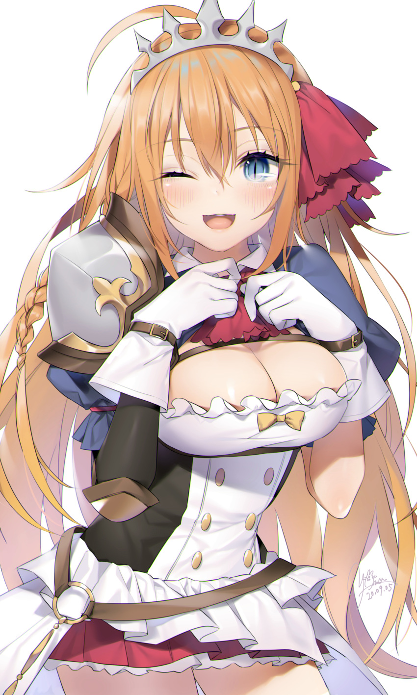 1girl ;d absurdres ahoge blue_eyes blush braid breasts cleavage dated eyebrows_visible_through_hair gloves hair_between_eyes hair_ribbon highres large_breasts long_hair looking_at_viewer one_eye_closed open_mouth orange_hair pecorine_(princess_connect!) princess_connect! princess_connect!_re:dive red_ribbon ribbon signature simple_background single_braid slit_pupils smile solo tiara white_background white_gloves yana_mori