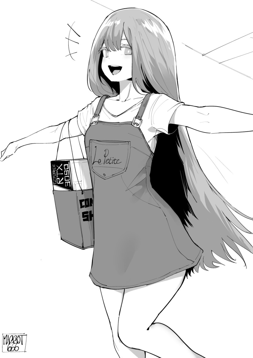 1girl bag bangs clothes_writing commentary dress english_commentary flat_chest geforce_rtx_3090 happy highres long_hair melissa_renata norman_maggot nvidia open_mouth original outstretched_arms running shopping_bag smile solo upper_teeth very_long_hair