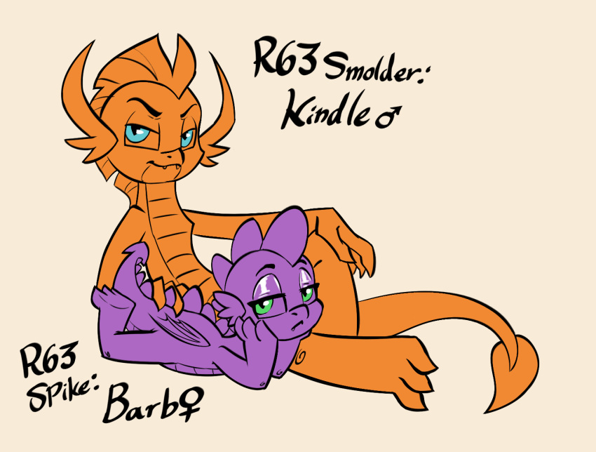 anthro arm_support crossgender dragon duo female friendship_is_magic hand_on_back hand_on_knee hand_on_leg horn leaning leaning_back leaning_on_elbow looking_at_viewer lying male my_little_pony on_front simple_background sitting smolder_(mlp) soulcentinel spike_(mlp) text white_background wings young