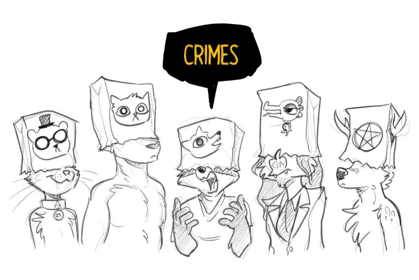 2020 3:2 ambiguous_gender anthro canid chiropteran clothed clothing collar dialogue english_text felid group horn jonas jonas_(character) mammal night_in_the_woods nude open_mouth paper_bag paper_bag_hat procyonid raccoon rick_griffin_(character) stoker_bramwell text video_games whiskers