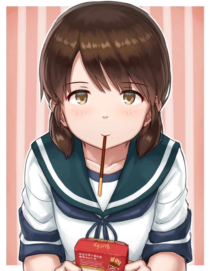 1girl bangs blush border brown_eyes brown_hair candy chocolate collarbone collared_shirt eyebrows_visible_through_hair food food_in_mouth hayashi_naoharu highres holding holding_food kantai_collection looking_at_viewer low_twintails mouth_hold neckerchief parted_bangs pink_background pocky pocky_day pocky_kiss school_uniform serafuku shared_food shirayuki_(kantai_collection) shirt short_sleeves short_twintails solo striped striped_background twintails white_border