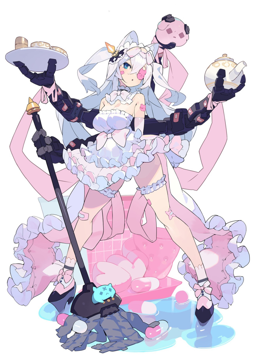 1girl animal_ears apron bandaid bandaid_on_face bandaid_on_knee bare_shoulders black_footwear blue_eyes blush breasts cat_ears cleavage commentary cup detached_collar elbow_gloves extra_arms eyepatch frilled_apron frilled_skirt frills gloves hajime_(hajime-ill-1st) high_heels highres holding holding_mop holding_teapot holding_tray large_breasts leg_garter long_hair maid_apron mechanical_arm mop open_mouth original pink_gloves pink_skirt skirt solo teacup teapot tray very_long_hair white_apron white_hair white_legwear