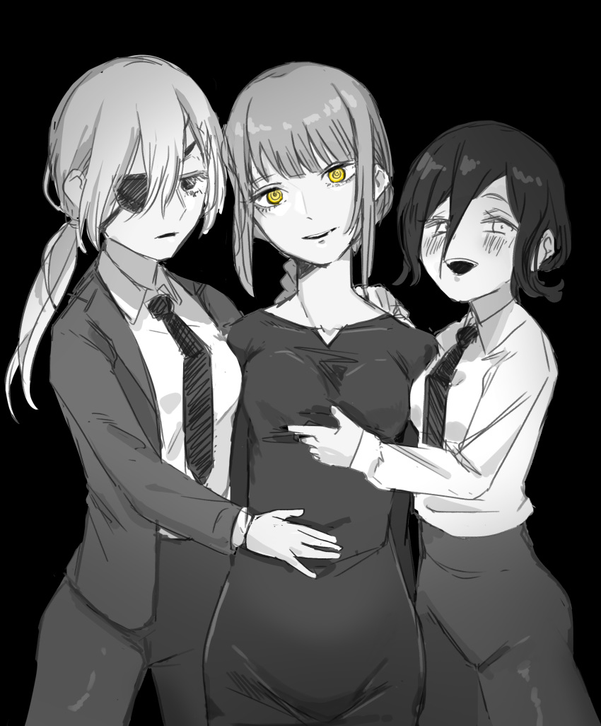 3girls absurdres bangs black_dress black_eyepatch black_eyes black_neckwear black_pants black_suit blush braid braided_ponytail breasts business_suit chainsaw_man collarbone collared_shirt couple dark_background dress expressionless formal hair_between_eyes hair_bun hand_on_another's_chest hand_on_another's_stomach hand_on_breast highres large_breasts long_sleeves looking_at_viewer makima_(chainsaw_man) medium_breasts monochrome multiple_girls necktie office_lady open_mouth pants ponytail quanxi_(chainsaw_man) reze_(chainsaw_man) ringed_eyes romance shirt shirt_tucked_in silver_hair smile suit tied_hair user_hfnz7252 white_shirt wife_and_wife_and_wife yellow_eyes yuri
