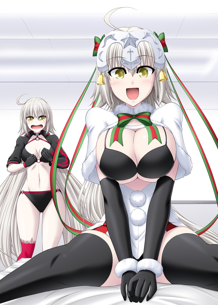 :d ahoge bed bell bikini black_bikini black_bra black_gloves black_jacket black_legwear blush bow bra breasts capelet cleavage collarbone commentary_request dress elbow_gloves fate/grand_order fate_(series) fur-trimmed_capelet fur-trimmed_gloves fur_trim gloves green_bow headgear highres huge_breasts jacket jeanne_d'arc_(alter_swimsuit_berserker) jeanne_d'arc_(fate)_(all) jeanne_d'arc_alter_santa_lily kiryuu_makoto large_breasts long_hair looking_at_viewer low_twintails o-ring o-ring_bikini o-ring_top older open_mouth pov red_bow red_legwear short_dress shrug_(clothing) silver_hair single_thighhigh smile straddling striped striped_bow swimsuit thighhighs twintails underwear very_long_hair white_capelet white_dress yellow_eyes