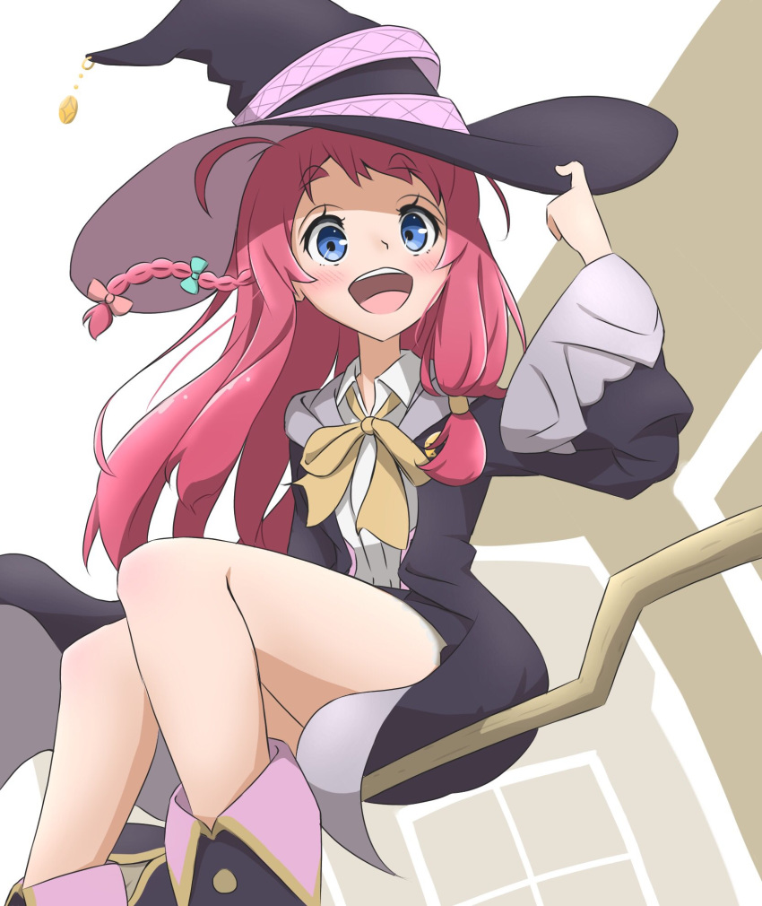 1girl black_robe blue_eyes blush brooch broom broom_riding cosplay elaina_(majo_no_tabitabi) elaina_(majo_no_tabitabi)_(cosplay) hat highres hondo_kaede jewelry majo_no_tabitabi minamoto_sakura neck_ribbon open_mouth pink_hair ribbon seiyuu_connection simple_background smile solo upper_teeth witch witch_hat yellow_ribbon yuuyrx zombie_land_saga