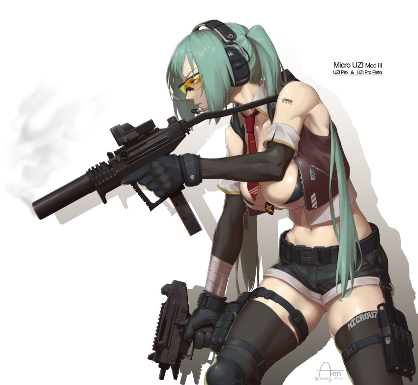 1girl aronman bandaged_arm bandages bangs barcode bare_shoulders bikini bikini_top black_bikini black_gloves black_legwear black_shorts body_writing breasts brown_jacket character_name clothes_writing collarbone cropped_jacket detached_collar elbow_gloves from_side girls_frontline gloves green_eyes green_hair gun headset highres holster imi_uzi jacket knee_pads large_breasts leaning_forward long_hair micro_uzi_(girls_frontline) navel necktie red_neckwear shirt short_shorts shorts skindentation sleeveless sleeveless_jacket sleeveless_shirt solo submachine_gun swimsuit thigh_holster thigh_pouch thighhighs thighs trigger_discipline twintails visor weapon white_shirt zipper zipper_pull_tab