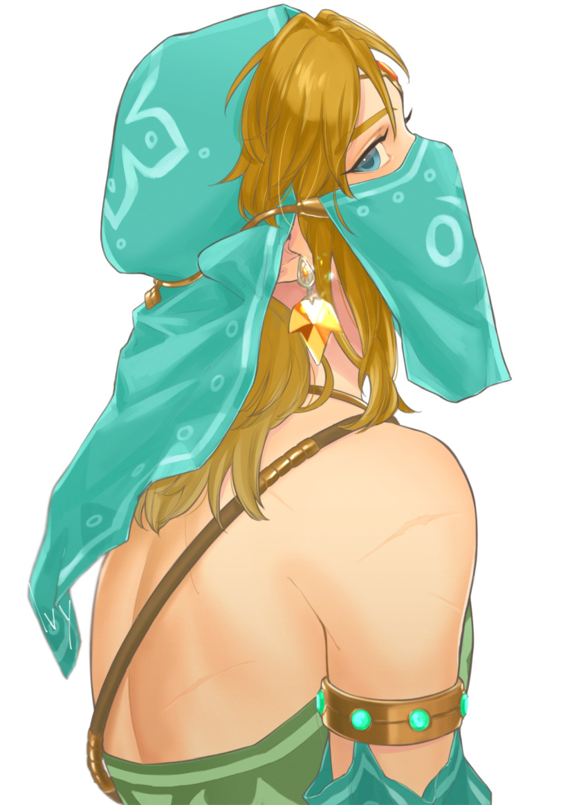 1boy arabian_clothes bare_shoulders blonde_hair blue_eyes circlet commentary_request crossdressing detached_sleeves earrings from_side gerudo_link green_headwear grey_background highres iva_(sena0119) jewelry looking_at_viewer male_focus medium_hair mouth_veil otoko_no_ko pointy_ears sideways_glance simple_background solo the_legend_of_zelda the_legend_of_zelda:_breath_of_the_wild veil