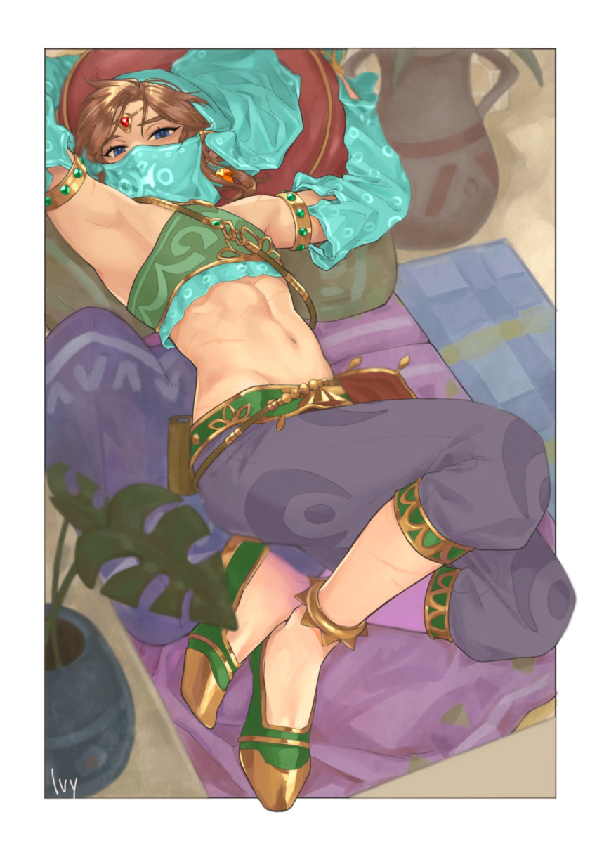 1boy alternate_costume armlet armpits artist_name bangs bare_shoulders blue_eyes border bridal_gauntlets brown_hair circlet commentary_request crossdressing detached_sleeves earrings gerudo_link highres iva_(sena0119) jewelry looking_at_viewer lying male_focus midriff mouth_veil navel on_back otoko_no_ko pants pillow pointy_ears pot solo stomach the_legend_of_zelda the_legend_of_zelda:_breath_of_the_wild veil white_border