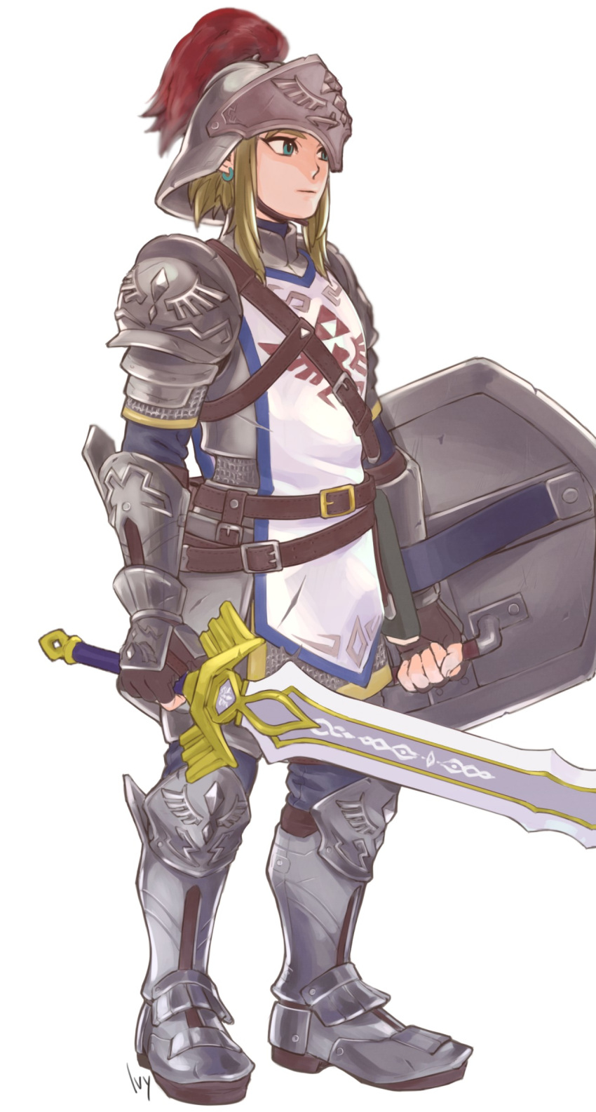 1boy absurdres armor armored_boots bangs belt blonde_hair blue_eyes boots breastplate brown_gloves closed_mouth commentary_request earrings from_side full_armor full_body gloves greaves grey_background helmet highres holding holding_shield holding_sword holding_weapon iva_(sena0119) jewelry knight male_focus pointy_ears shield shoulder_armor simple_background soldier_link solo standing sword the_legend_of_zelda the_legend_of_zelda:_breath_of_the_wild triforce_print tunic weapon