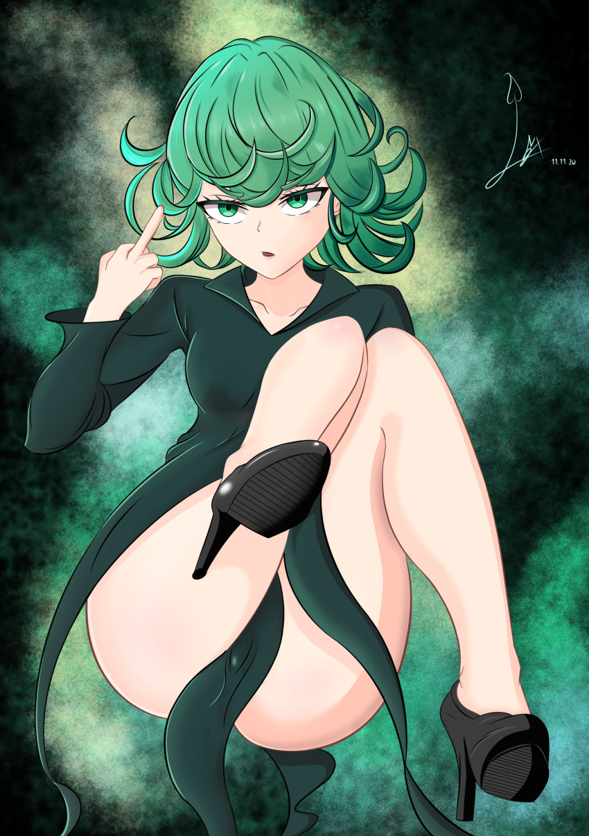 1girl absurdres ass aura bangs black_background black_dress black_footwear breasts collarbone dress floating green_eyes green_hair highres laceysx long_sleeves medium_hair middle_finger one-punch_man shoes small_breasts solo tatsumaki thighs