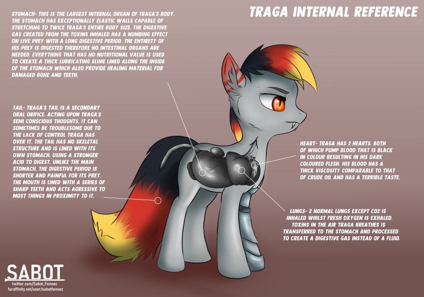 absurd_res english_text equid equine fangs feral hasbro hi_res horse internal male mammal my_little_pony organs pony reference_image robotic_arm sabotfennec simple_background solo tail_maw text url what