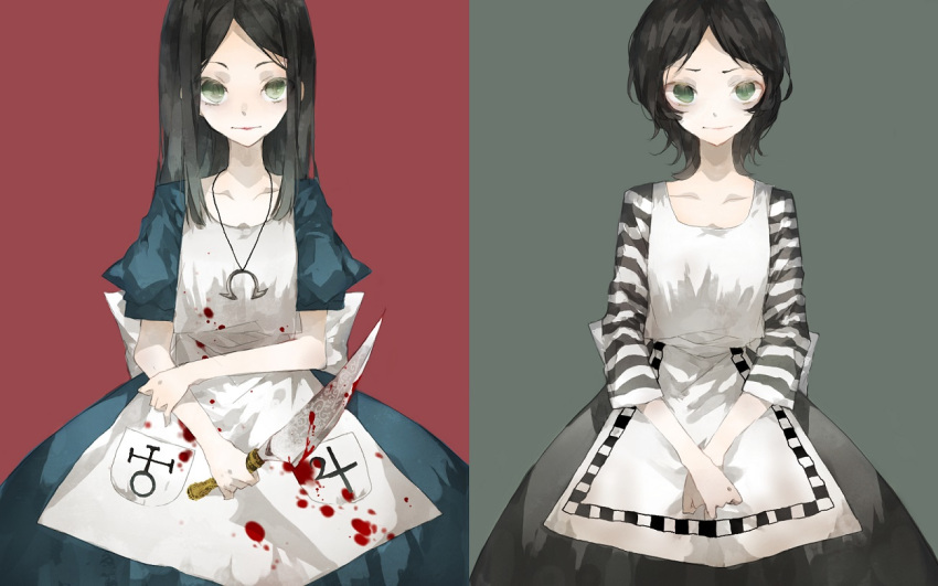 alice:_madness_returns alice_(wonderland) alice_in_wonderland alice_liddell american_mcgee's_alice apron black_hair blood closed_mouth dress green_eyes jewelry jupiter_symbol knife long_hair looking_at_viewer necklace short_hair simple_background yuuya_(n-m-t)