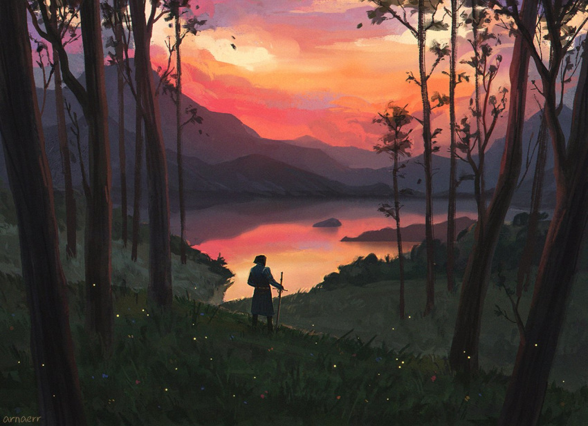 1boy arnaerr artist_name belt bush cloud cloudy_sky commentary dawn english_commentary forest grass headwear holding holding_sword holding_weapon lake long_sleeves long_sword male_focus manly mountain nature scenery sky solo standing sword the_witcher tree vernon_roche weapon wide_shot