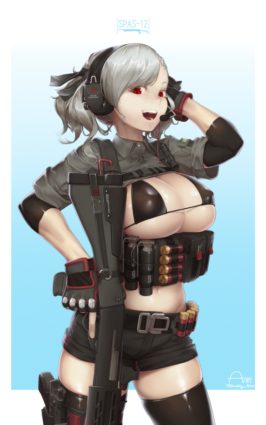 1girl :d alternate_costume aronman bangs bikini bikini_top black_bikini black_gloves black_legwear black_ribbon black_shorts breast_rest breasts character_name chest_strap collared_shirt covered_nipples dress_shirt explosive fingerless_gloves girls_frontline gloves grenade grey_shirt gun hair_ribbon headset highres holding holding_gun holding_weapon large_breasts long_hair long_sleeves looking_at_viewer micro_bikini navel open_mouth pouch red_eyes ribbon shirt shorts shotgun shrug_(clothing) signature silver_hair skindentation sleeves_folded_up smile solo spas-12 spas-12_(girls_frontline) swept_bangs swimsuit thighhighs thighs trigger_discipline twintails underboob weapon