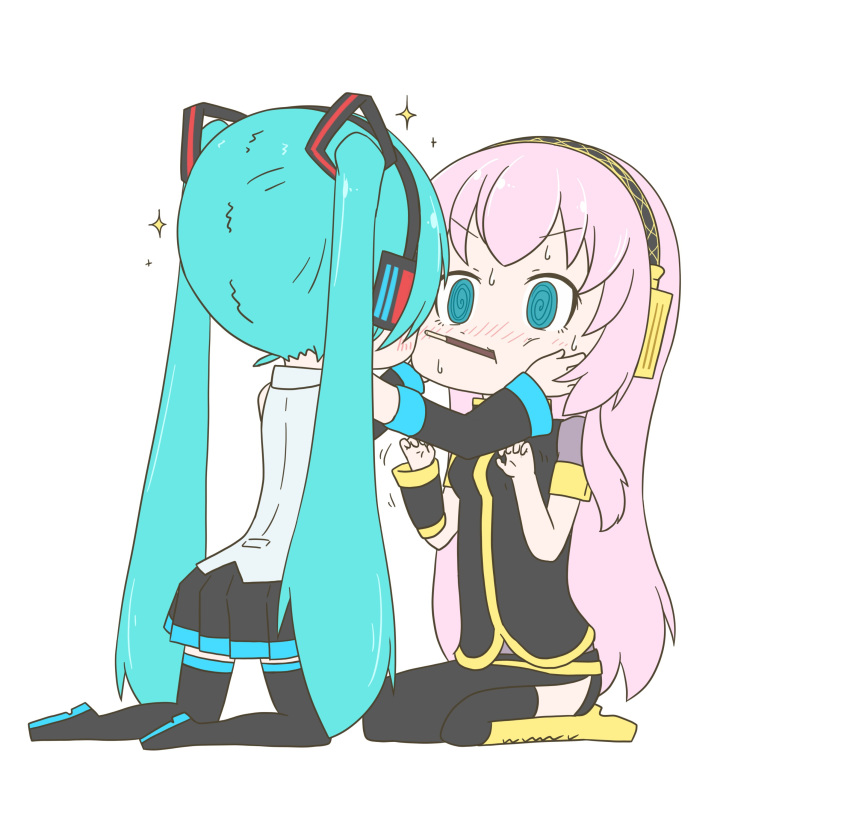 2girls @_@ absurdres aqua_hair armband bare_shoulders black_legwear black_shirt black_skirt black_sleeves commentary detached_sleeves food gold_trim grey_shirt hair_ornament hands_on_another's_cheeks hands_on_another's_face hands_up hatsune_miku headphones highres imminent_kiss kneeling long_hair long_skirt looking_at_another megurine_luka miniskirt mouth_hold multiple_girls pink_hair pleated_skirt pocky pocky_day pocky_kiss seiza shirt side_slit single_sleeve sitting skirt sleeveless sleeveless_shirt sparkle sweat thighhighs twintails v-shaped_eyebrows very_long_hair vocaloid white_background yuri yuta1147 zettai_ryouiki