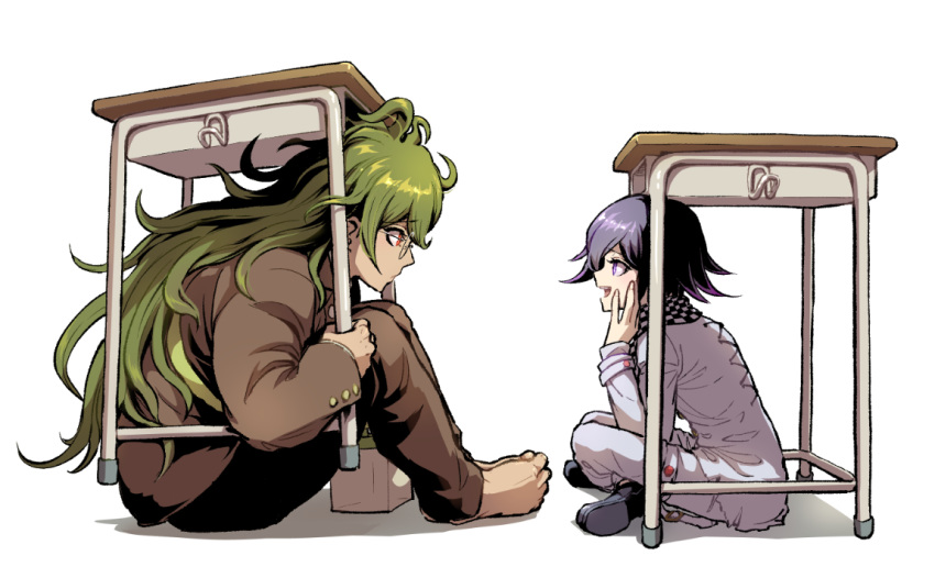 2boys antenna_hair bangs barefoot black_footwear brown_jacket brown_pants checkered checkered_scarf commentary_request danganronpa desk eye_contact from_side glasses gokuhara_gonta green_hair height_difference indian_style jacket long_hair long_sleeves looking_at_another male_focus multiple_boys new_danganronpa_v3 open_mouth ouma_kokichi pants purple_eyes purple_hair scarf school_desk school_uniform shoes short_hair simple_background sitting smile straitjacket under_table white_background white_jacket white_pants youko-shima