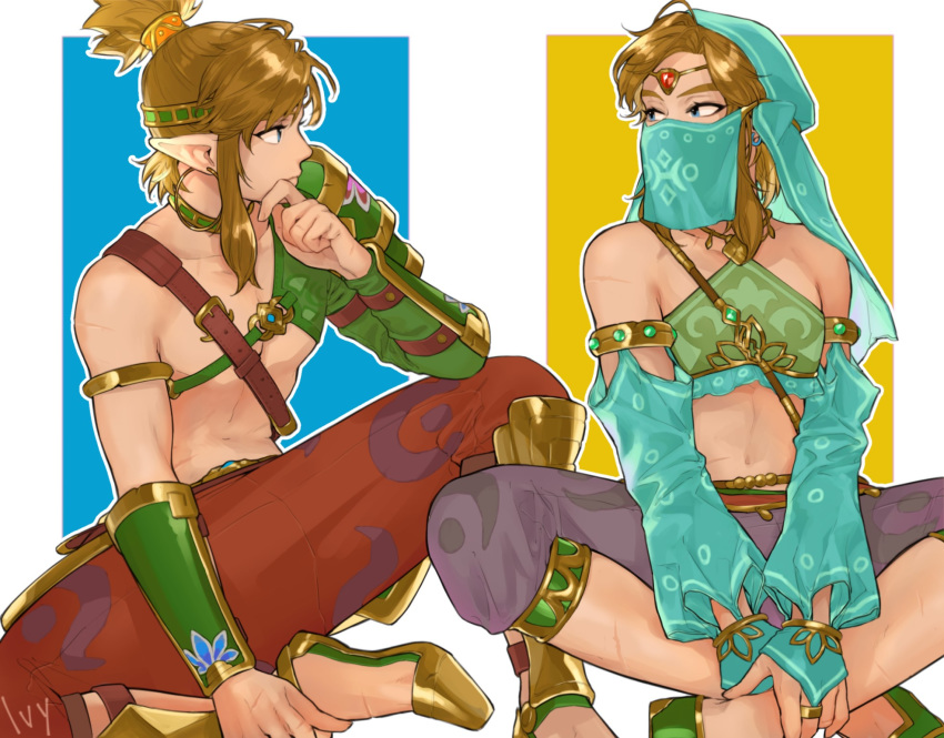 1boy armor artist_name bangs bare_shoulders belt blonde_hair blue_background blue_eyes bridal_gauntlets brown_belt circlet collarbone commentary_request crossdressing desert_voe_link detached_sleeves earrings gerudo_link gold green_footwear green_headwear green_sleeves hand_up highres hoop_earrings indian_style iva_(sena0119) jewelry looking_to_the_side male_focus medium_hair midriff mouth_veil multiple_views navel otoko_no_ko pants pink_pants pointy_ears red_pants shoes shoulder_armor sitting spread_legs stomach the_legend_of_zelda the_legend_of_zelda:_breath_of_the_wild topknot veil white_background yellow_background