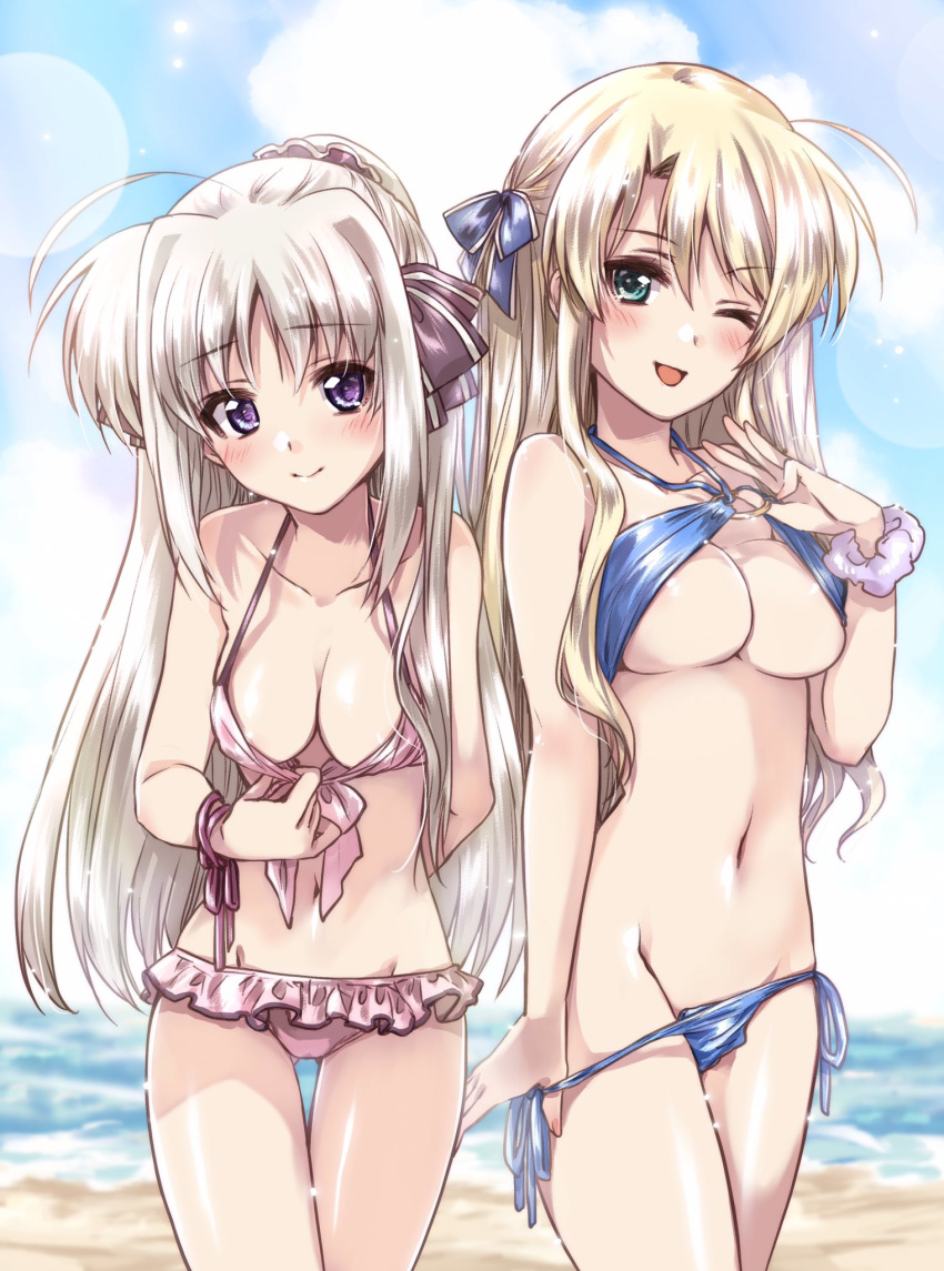 2girls aqua_eyes ass_visible_through_thighs bangs beach bikini bikini_lift bikini_pull black_ribbon black_scrunchie blonde_hair blue_bikini blue_ribbon blue_scrunchie blue_sky blurry blurry_background blush breasts cleavage closed_mouth cloud cloudy_sky commentary_request day depth_of_field eyebrows_visible_through_hair frilled_bikini frills groin hair_ornament hair_ribbon hair_scrunchie halterneck highres kuroi_mimei lens_flare light_particles long_hair looking_at_viewer lyrical_nanoha medium_breasts multiple_girls navel o-ring o-ring_bikini ocean one_eye_closed outdoors pink_ribbon ponytail purple_eyes ribbon rinne_berlinetta scrunchie side-tie_bikini silver_hair skindentation sky smile standing swimsuit thigh_gap victoria_dahlgrun vivid_strike! wrist_ribbon wrist_scrunchie