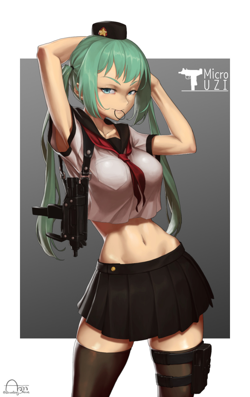 1girl armpit_peek arms_behind_head aronman bangs black_headwear black_legwear black_sailor_collar breasts contrapposto crop_top eyebrows_visible_through_hair girls_frontline green_eyes green_hair gun hat highres hip_bones imi_uzi large_breasts long_hair looking_at_viewer micro_uzi_(girls_frontline) midriff mini_hat miniskirt mouth_hold navel neckerchief pleated_skirt red_neckwear red_star sailor_collar school_uniform serafuku skirt solo stomach submachine_gun thigh_pouch thigh_strap thighhighs twintails tying_hair weapon zettai_ryouiki