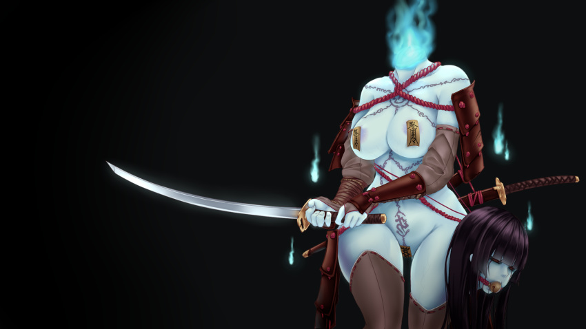 16:9 armor armwear ball_gag bangs big_breasts black_eyes black_hair blue_body blue_skin breasts clothed clothing decapitated_head elbow_gloves female fire gag gagged gloves glowing hair handwear headless hi_res holding_object holding_weapon humanoid katana legwear long_hair melee_weapon not_furry partially_clothed red_rope rope samurai solo sword tattoo thigh_highs undead warrior weapon widescreen yakou zombie