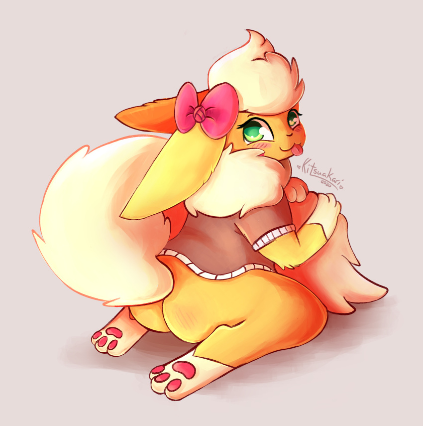 absurd_res accessory anthro blep blep_tongue blush bottomless bow butt clothed clothing cute_expression cute_eyes cute_face digital_media_(artwork) eevee eeveelution fan_character female flareon fluffy fluffy_tail fur green_eyes hair_accessory hair_bow hair_ribbon hi_res kitsuakari looking_at_viewer mammal neck_tuft nintendo pawpads paws pok&eacute;mon pok&eacute;mon_(species) ribbons simple_background smile solo solo_focus tongue tongue_out topwear tuft video_games