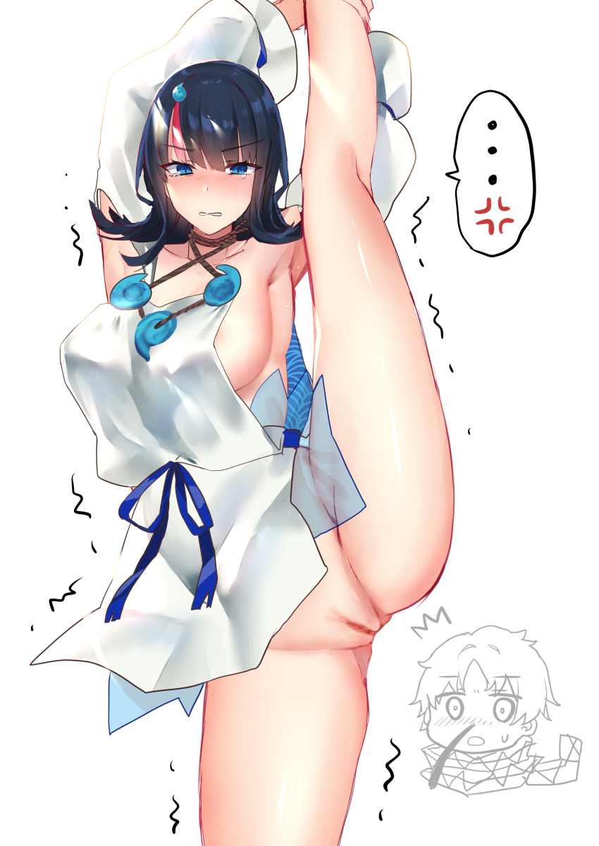 1girl absurdres anger_vein bangs bare_shoulders black_hair blue_eyes blue_ribbon blush breasts clenched_teeth collarbone dress fate/grand_order fate/requiem fate_(series) flexible highres hitomin_(ksws7544) japanese_clothes jewelry large_breasts leg_lift leg_up long_sleeves looking_at_viewer magatama magatama_hair_ornament medium_hair multicolored_hair necklace pelvic_curtain pink_hair puffy_long_sleeves puffy_sleeves pussy ribbon short_dress sideboob sideless_outfit split spoken_anger_vein standing standing_on_one_leg standing_split streaked_hair teeth thighs utsumi_erise voyager_(fate/requiem) white_dress