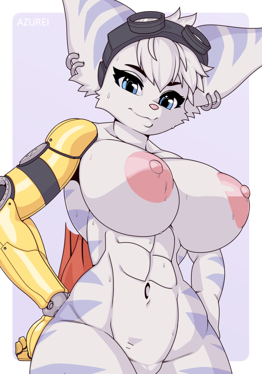 abs alien amputee anthro areola athletic athletic_female azurei big_breasts blue_body blue_eyes blue_fur bodily_fluids breasts disability ear_piercing ear_ring edit eyewear eyewear_on_head female fur goggles goggles_on_head head_tuft hi_res huge_breasts lombax looking_at_viewer mammal missing_arm muscular muscular_anthro muscular_female navel nipples nude nude_female piercing pink_nose ratchet_and_clank rift_apart_lombax robotic_arm solo solo_focus sony_corporation sony_interactive_entertainment stripes sweat toned_female tuft video_games